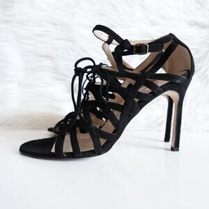 Manolo Blahnik Black Suede Lace-Up Ankle Strap Stiletto Open Toe High Heels